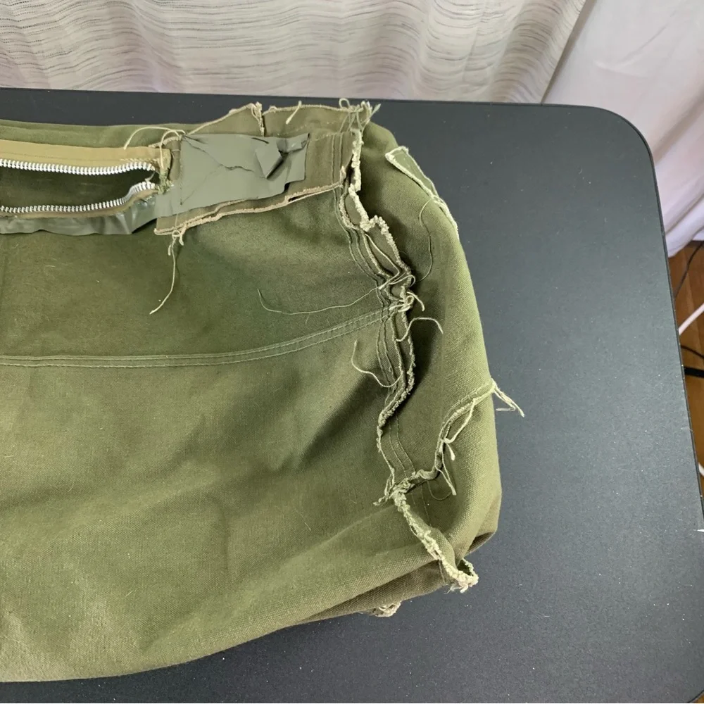 Green Olive Drab Zippered Canvas Duffle Bag.
